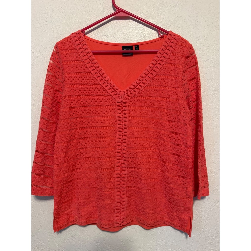 Rafaella Coral V-Neck Eyelet Lace 3/4 Sleeve Top Medium
